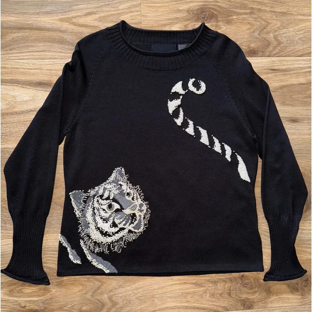 Michael Simon Vintage Cat Beaded Spun Silk Blend Sweater - Size medium -OG